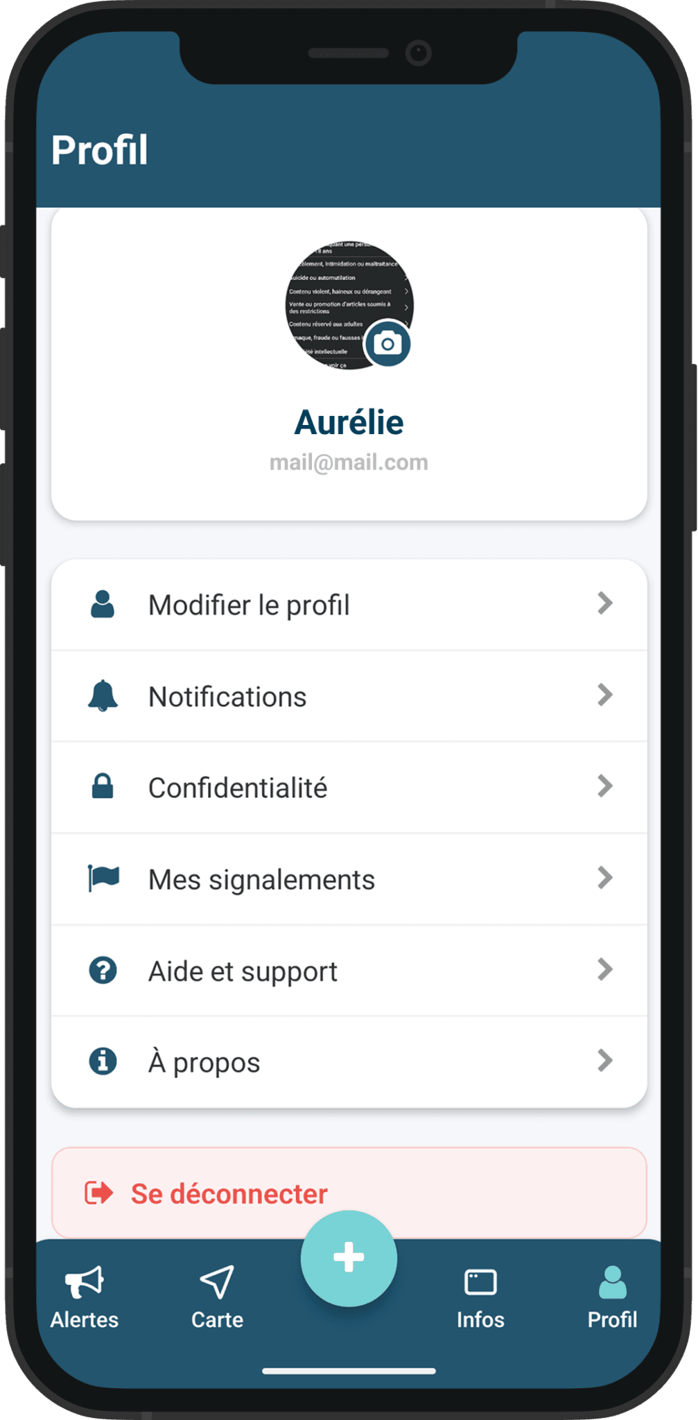 Écran Profil : menu avec l’entrée Confidentialité