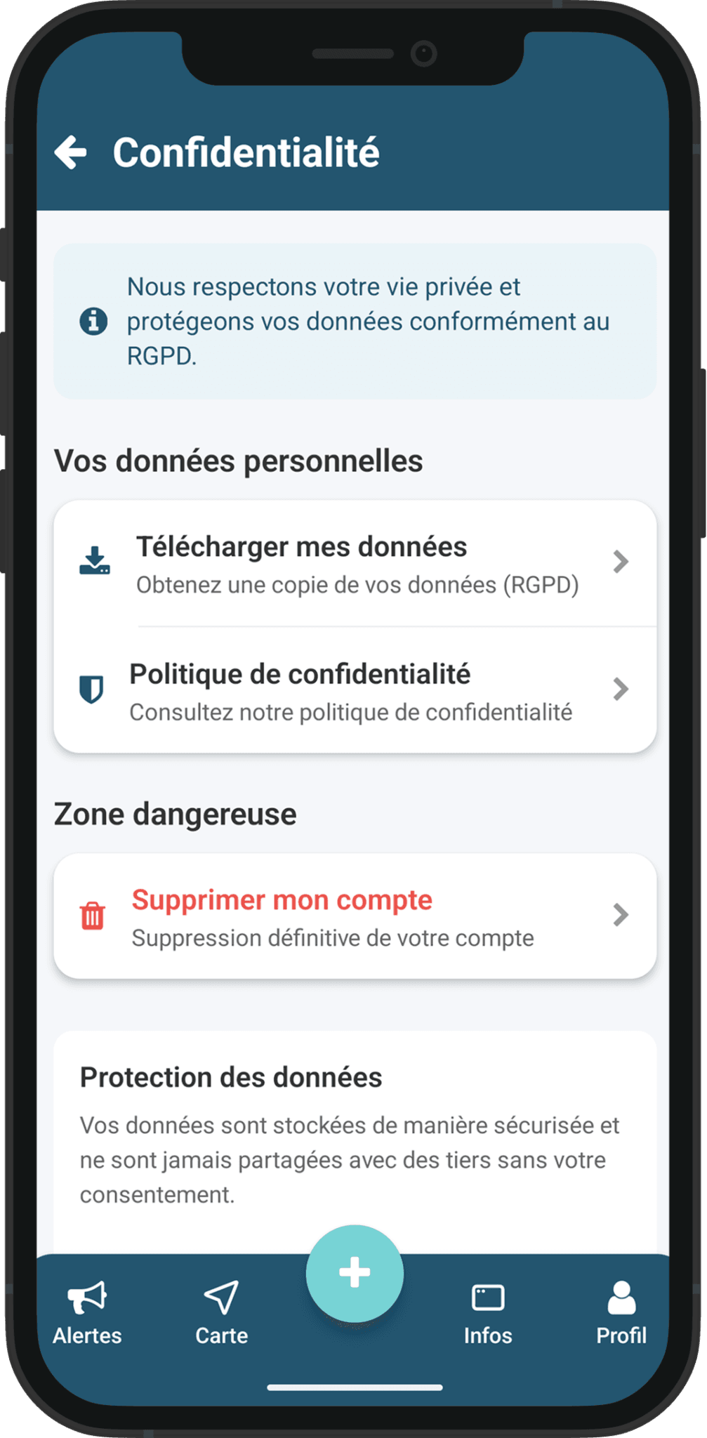 Écran Confidentialité : zone dangereuse et lien Supprimer mon compte