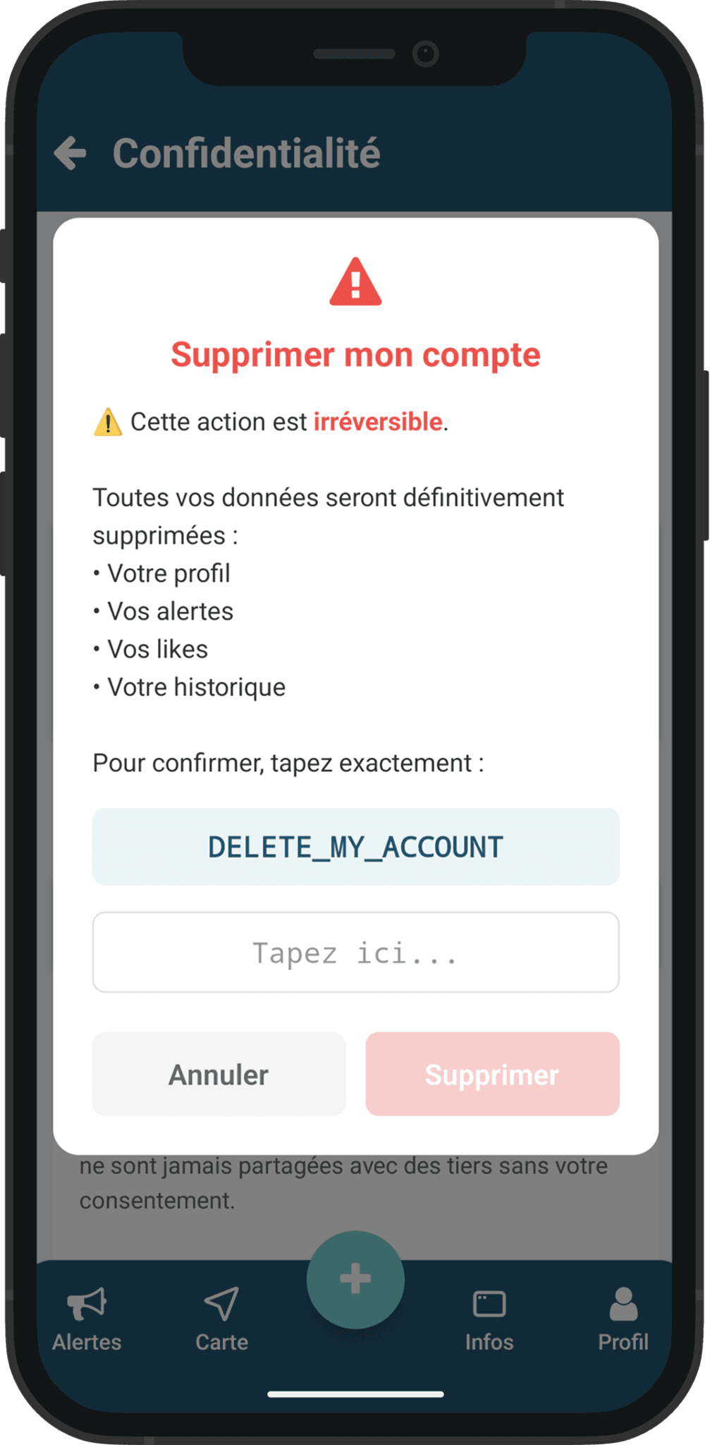Modale de confirmation avant suppression du compte